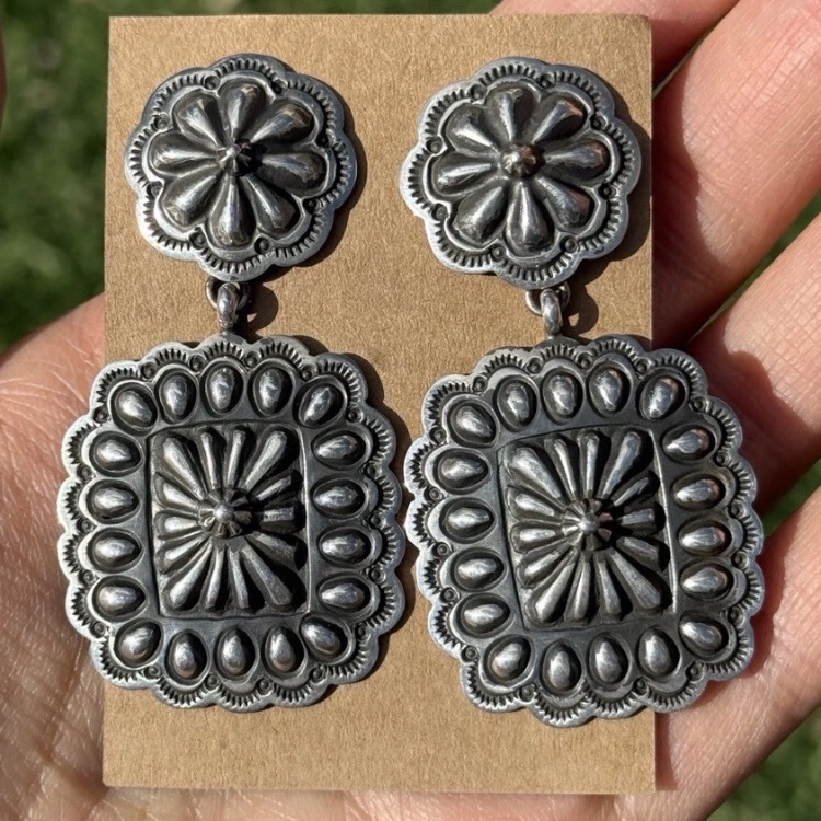 Navajo Native American Sterling Silver Stamped Handmade Earrings T O White